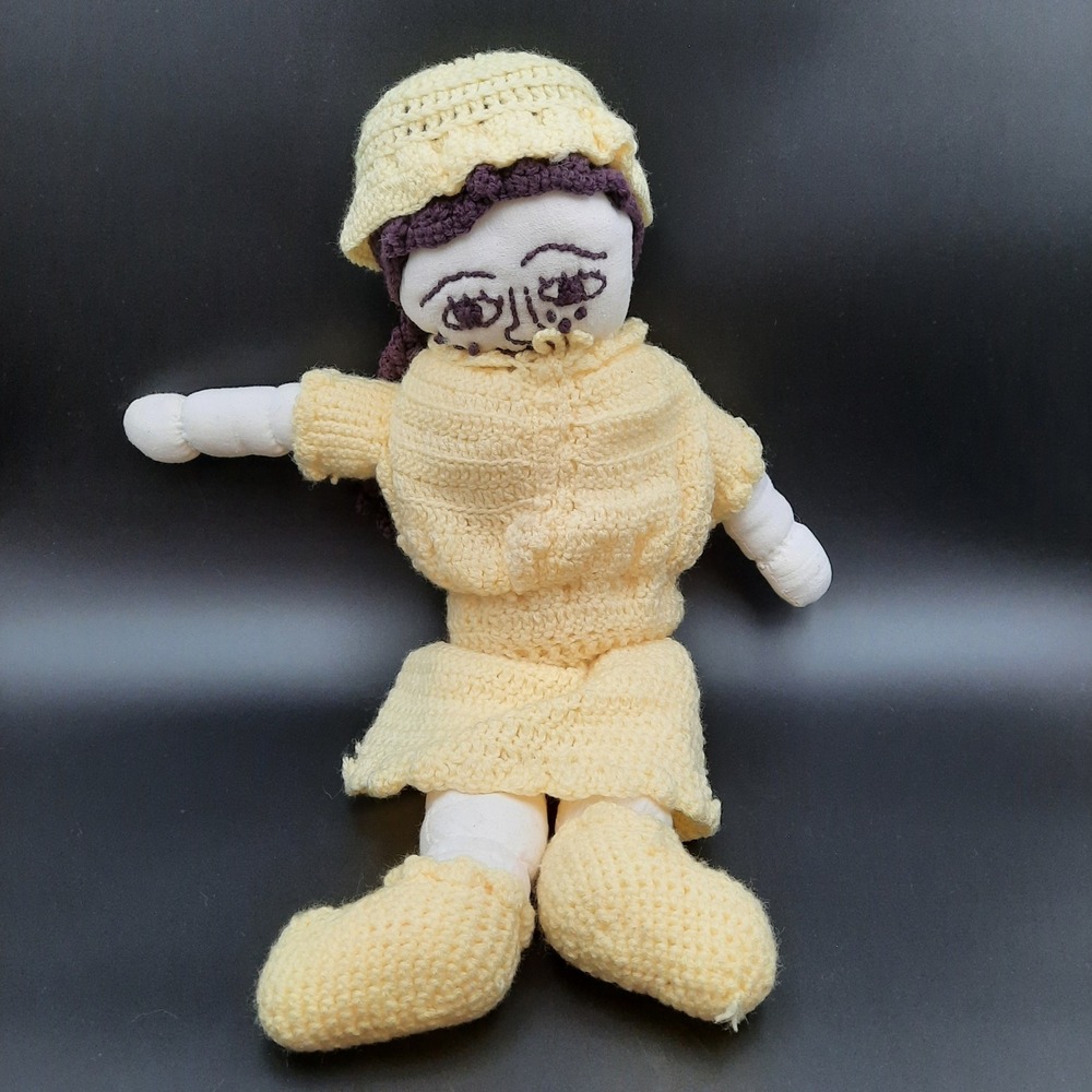 Handmade Crochet Doll Yellow Dress Hat Boots Fabric Face‎ Purple Hair Tassels